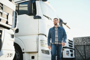 A trucker is walking past the front of his new truck